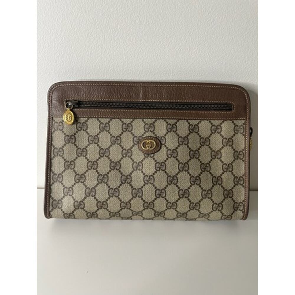 Gucci Vintage GG Supreme Toiletry Pouch Cosmetic Travel Case Brown Leather Zi